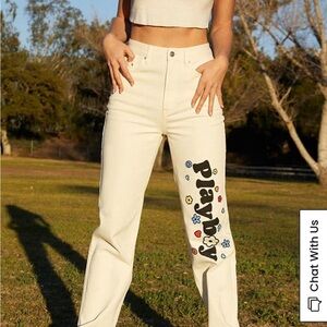 PLAYBOY Women's Cream Straight Leg Jeans with Graphic